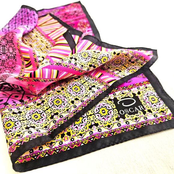 Vintage OSCAR de La Renta Pink Purple Scarf Neckerchief Women Floral Geometric - Picture 2 of 5